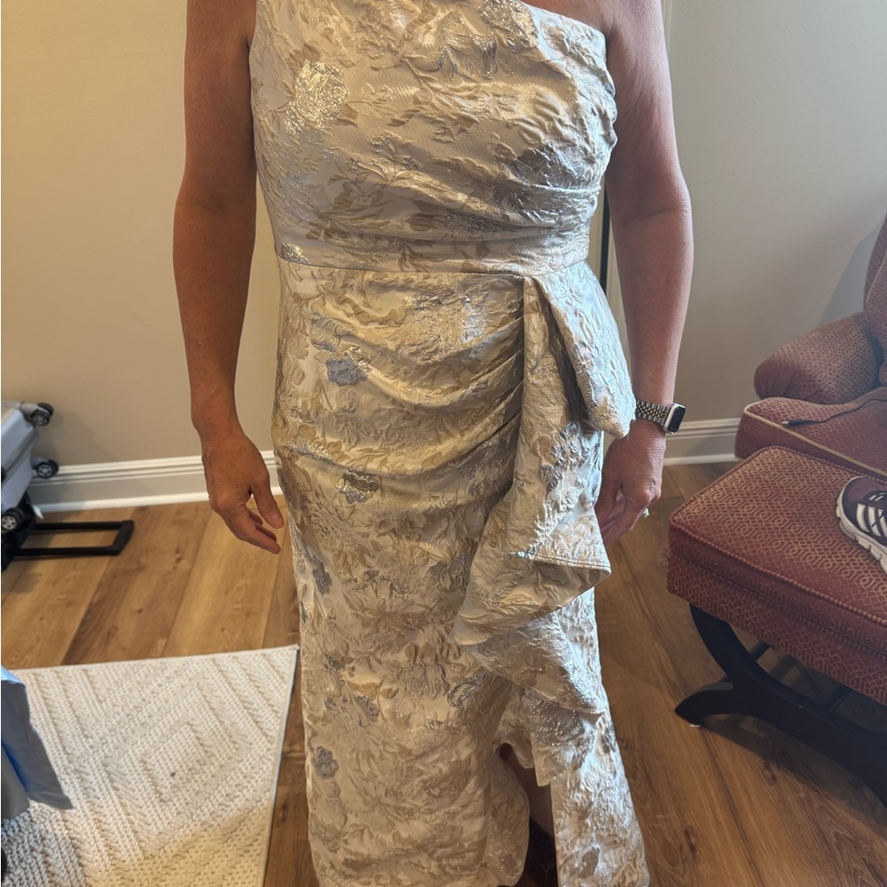 Xscape Silver Asymmetrical Ruched One Shoulder Gown